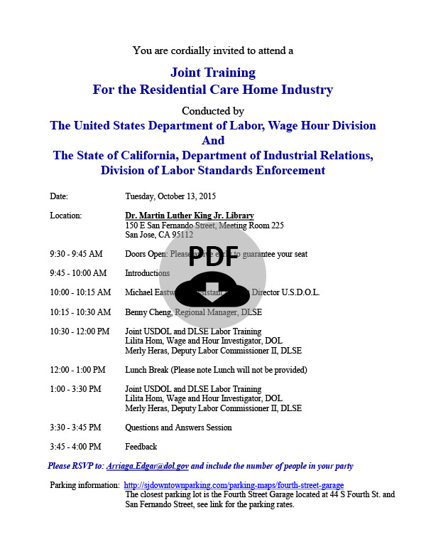 Oct 13, 2015 Joint Training - US Department of Labor (DOL) & California Division of Labor Standards Enforcement (DLSE)
